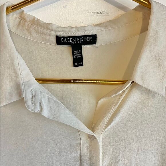 New Eileen Fisher silk Georgette crêpe cream, bone classic collar button down - Picture 6 of 12